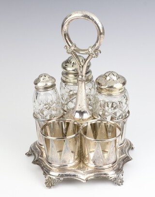 A 19th Century Austro Hungarian silver 5 bottle condiment stand, raised on scroll feet 26cm, 488 grams with 3 matched and mounted bottles 