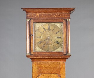 Thomas Stripling of Lichfield, an 18th/19th Century 30 hour longcase clock, the 29cm square brass dial marked Stripling of Lichfield with metal spandrels, Roman numerals, calendar aperture, contained in an oak case 205cm h x 44cm w x 28cm d, complete with pendulum (a/f) and weight 