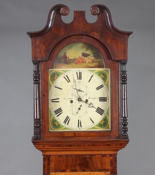 Burgefs Bridport, a 19th Century 8 day string longcase clock with 35cm arched dial, decorated seated cattle before a cathedral with Roman numerals, floral spandrels, minute indicator, calendar dial, contained in an inlaid oak case, complete with pendulum and weights 228cm h x 54cm w x 24cm d 