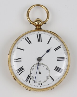 A gentleman's 18ct yellow gold key wind pocket watch with seconds at 6 o'clock, the case and movement numbered 56462 by Jas Bishohlf, and the movement engraved 20 Bunhill Row, London, in a 52mm case, 121.2 grams gross including glass and movement, hallmarked Sheffield 1851  