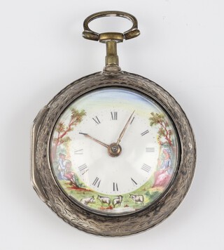 A good George III silver key wind, pair cased pocket watch, the painted enamelled dial decorated with sheep, a shepherd and shepherdess, London 1779, contained in a 50mm case dated London 1779, maker Thomas Carpenter, the movement inscribed Jos Denton Hull no.362, gross weight 110 grams 