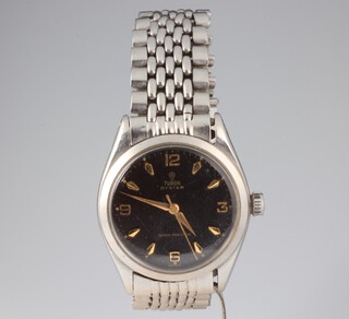 A gentleman's steel cased Tudor wristwatch with black dial, contained in a 33mm case with later bracelet by Sicura 