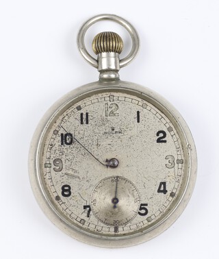 A Rolex World War II metal cased, mechanical military pocket watch, with seconds at 6 o'clock, the 50mm case stamped A.11907.G.S.MK.II, the movement inscribed Rolex 447, the interior case stamped 31 Records Universal Geneve Swiss Rolex 