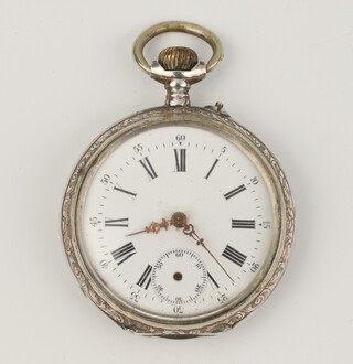 A lady's 800 standard silver mechanical pocket watch  with seconds at 6 o'clock, contained in a 45mm fancy case 