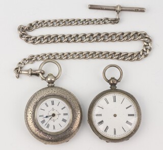 A Continental silver key wind fob watch, the 38mm case numbered 5786 with a silver Albert (the Albert 25.9 grams) and another 935 standard key wind fob watch the 35mm case numbered 546983 