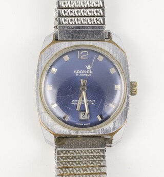 A gentleman's steel cased Cronel calendar wristwatch with blue dial, the 33mm case numbered 401, the movement numbered 8800 