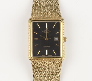 A gentleman's vintage gilt cased Rotary calendar quartz wristwatch 25mm, on an  original mesh bracelet 