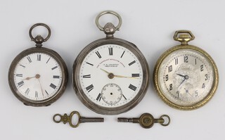 A Victorian silver key wind pocket watch Chester 1899, the 52mm case numbered 378360 together with a 9335 key wind fob watch in a 40mm case and a 40mm gilt cased dress watch by Orta 