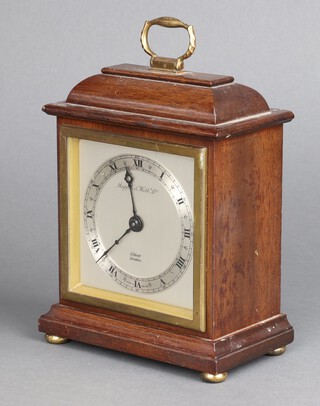 Elliott for Mappin & Webb, a Georgian style timepiece with 9cm silvered dial, Roman numerals contained in a mahogany case 14cm h x 12cm w x 7cm d 