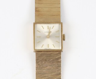 A lady's Longines 9ct yellow gold square wristwatch and bracelet with bark finish, 17mm case,  gross weight including glass 36 grams 