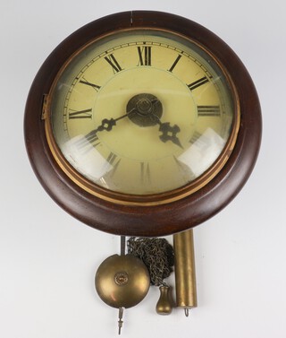 A 19th Century Postman's alarm clock with 22cm painted dial, Roman numerals, contained in a mahogany case, complete with associated pendulum and weight 