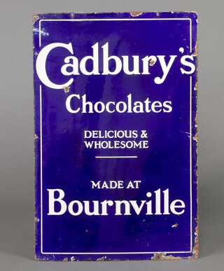 A "Cadbury's Chocolates, Delicious and Wholesome, Made at Bourneville", blue and white enamelled advertising sign, 92cm h x 61cm w 