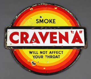 A "Smoke Craven "A" Will Not Affect Your Throat"  yellow, black, white, red and orange enamelled advertising sign 57cm x 61cm 