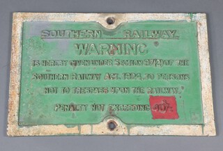 Of railway interest, a cast iron penalty sign "Southern Railway.  Warning is hereby given under section 97 (2) of The Southern Railway Act, 1924, to persons not to trespass upon the railway.  Penalty not exceeding 40s/-." 40cm x 62cm 