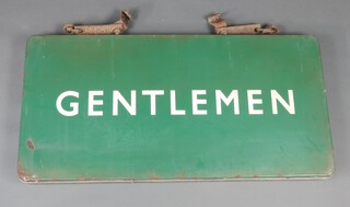 Of railway interest, a Southern Railway green and white enamelled double sided platform sign "Gentlemen" 46cm x 93cm 