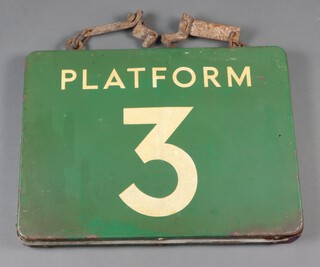 Of railway interest, a Southern Railway green and white enamelled double sided platform sign "Platform 3" 46cm h x 61cm 