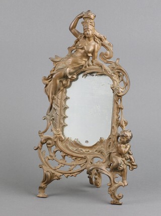 A Victorian pierced and gilt painted metal easel mirror/photograph frame fitted a rectangular plate mirror, surmounted by a figure of a classical lady 53cm h x 20cm w x 10cm d