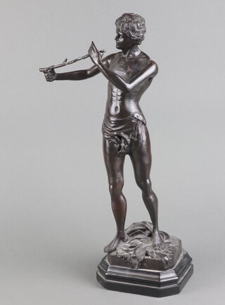 After the antique, a 20th Century bronze figure of a standing boy with stick, raised on an octagonal marble base 46cm h x 14cm w x 14cm d