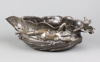 An Art Nouveau boat shaped bronzed soft metal bowl in the form of a scalloped  shell with reclining lady 9cm h x 31cm w x 13cm d 