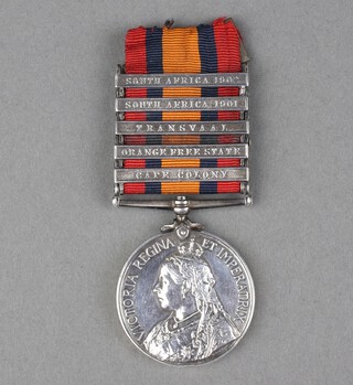 A Queen's South Africa medal 1899 with 5 bars - Cape Colony, Orange Free State, Transvaal, South Africa 1901 and 1902 to 11364 Gunner A Burnell Royal Horse Artillery 