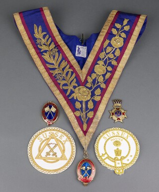 Masonic, a Mark Master Masons Grand Officer's full dress collar and jewel by Toye (Inner Guard), an Ancient and Excepted Rite Rose Croix gilt metal 31st Degree jewel (slight chip to enamel), a Mark Grand Officer's collar jewel (standard barer f) together with 2 apron badges 