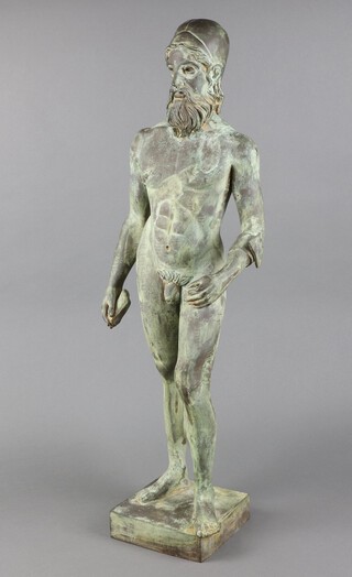 After the antique, a bronze figure of a standing gentleman on a square base 80cm h x 17cm w x 16cm d 