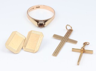 A 9ct yellow gold ring size L, a cufflink and 2 cross pendants, 5.6 grams 