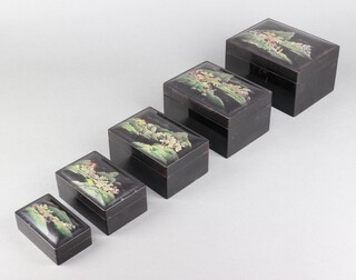 Five Japanese rectangular lacquered interfitting boxes, the lids decorated landscapes, largest - 8cm x 14cm x 11cm, smallest - 3cm x 8cm x 5cm  