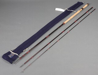 A Hardy Graphite Deluxe 3 piece 15'5" salmon fishing rod in green bag