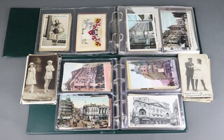 Ten First World War embroidered greetings cards together with 2 albums of black and white and coloured postcards of theatres and stage stars 