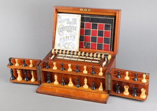 A Victorian games compendium comprising a Staunton chess set, drafts set, 18 bone dominoes, rosewood and bone crib board, 2 bone marks, 8 dice together with a set of Blue Star playing cards, lead models of horses (all a/f), turned wooden die shaker (chips to rim), 2 bone dice, approx. 17 circular counters, 2 circular wooden bowls, wooden gavel, 2 card Bezique scorers, 2 long and short whist scorers (1 has damage to bottom corner), 5 Bell and Gavel cards, a 1933 edition of D W & HOW Wills Selected Patience Games and 1 volume of "Guide To Compendium Games" (sellotape repair to spine), double sided chess, backgammon and steeple chase board (some scuffing in places)  all contained in a mahogany box 17cm h x 32cm w x 21cm d 