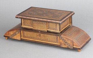 An arch shaped inlaid musical jewellery box with hinged lid, the front fitted 2 drawers 12cm h x 34cm w x 11cm d 