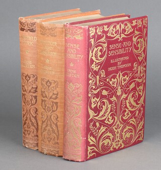 Austen (Jane), a set of three Macmillan's Illustrated Standard Novels including: Sense and Sensibility 1898 (in red cloth and gilt foliate design), Mansfield Park 1903 (orange cloth and plain foliate design), Northanger Abbey and Persuasion 1906 (orange cloth and plain foliate design) - all illustrated by Hugh Thomson, 8vo