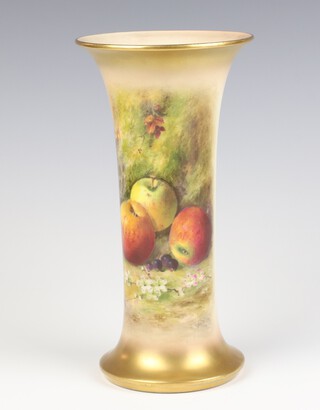 A Royal Worcester cylindrical vase with flared neck decorated with fruits, decorated by Ricketts no.G923 23cm 