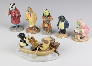 A set of 6 John Beswick Royal Doulton, The Wind In The Willows figures - On The River W1W001 no.0647/1908, Mole W1W5 1175/2000, Washerwoman Toad W1W6 559/2000, Ratty W1W4 1013/2000, Badger W1W003 370/2000 and Toad W1W002 1274/2000 with certificates and boxes 