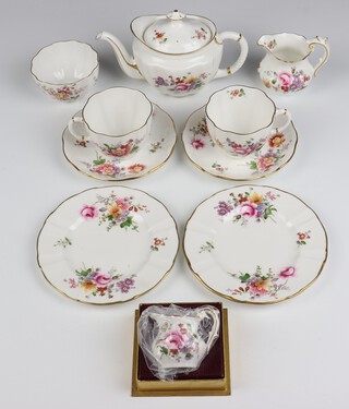 A Royal Crown Derby, Derby Posies breakfast set comprising teapot and lid, 2 tea cups and saucers, milk jug, sugar bowl and 2 side plates, together with a small jug 