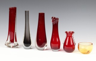 A Whitefriars ruby red glass vase 24cm, ditto 20cm, another 18cm and a smaller 11cm, a purple ditto 22cm and an orange bowl 5cm 