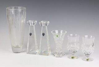 A pair of Waterford Crystal tapered glass candlesticks 20cm, 2 schooners, a tapered vase Colleen pattern and a Stuart glass tapered vase 