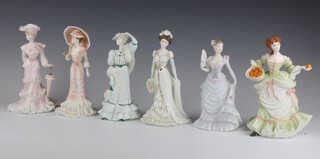 Six Coalport figures - Nell Gwynn 3864/12500 20cm, Lady Alice 2440/12500 24cm, Charlotte 8624/12500 20cm, Sophie 4865/12500 20cm, Beatrice 8652/12500 20cm and Lily Langtree 5161/12500 20cm 