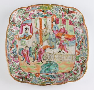 A 19th Century Chinese famille rose square dish decorated with figures in a pavilion interior 23cm 