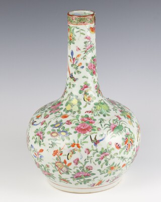 A late 19th Century famille rose oviform vase with extended neck decorated with birds and insects amongst flowers 33cm 