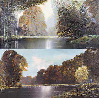 Charles Evison 20th Century British, pair of oils on board depicting views of The Hammerponds, West Sussex   43cm x 90cm 