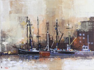 Colin Ruffell (British born 1939), oil on canvas signed, moored fishing vessels, unframed 46cm x 61cm 