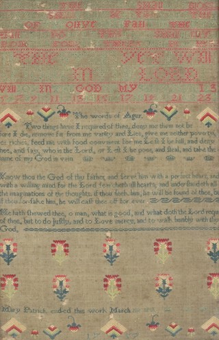 An 18th Century sampler with alphabets, numbers, biblical verse with flowers, strawberries and fan shaped symbols by Mary Patrick "Ended this work March 1757" 30cm x 20cm 