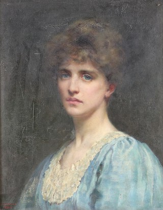 William Clarke Wantnor (British 19th Century), oil on canvas signed and dated 1889, portrait of a young lady wearing a blue dress with silk collar 50cm x 40cm 