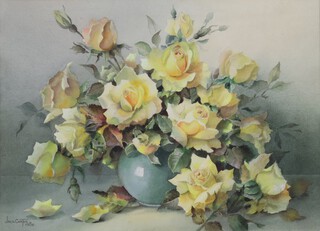 Jack Carter 1980 (British 1912-1992), watercolour signed and dated, still life vase of yellow roses 27cm x 33cm 