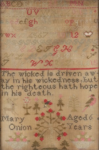 19th Century sampler - alphabets and numbers and verse by Mary Onion aged 6 years, decorated with birds, hearts, insects, flowers and trees 38cm x 26cm 