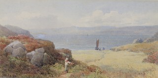 John Henry Mole (British 1814-1886), watercolour signed and dated 1880, label on verso, a view of The Welsh Hills from the North Devon Coast 12cm x 24cm 