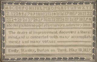 19th Century sampler, alphabets, numbers and verse with Greek Key pattern border, by Emily Stanley Burton on Trent May 18th 1829 14cm x 22cm