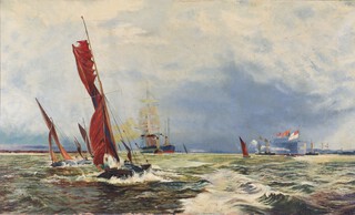 19th Century oil on canvas unsigned, fishing, sailing boats and steam boats off an English coast 50cm x 82cm 